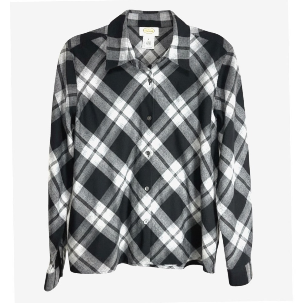 VTG TALBOTS Black/Gray Plaid BUTTON-UP SHIRT TOP SOFT FLANNEL Side Slits SIZE M